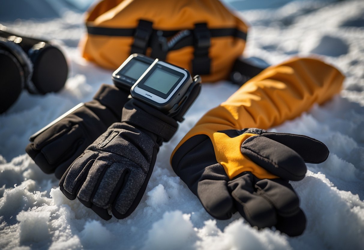 A pair of OZERO Winter Thermal Gloves lay on a snowy ground, surrounded by geocaching tools and a GPS device