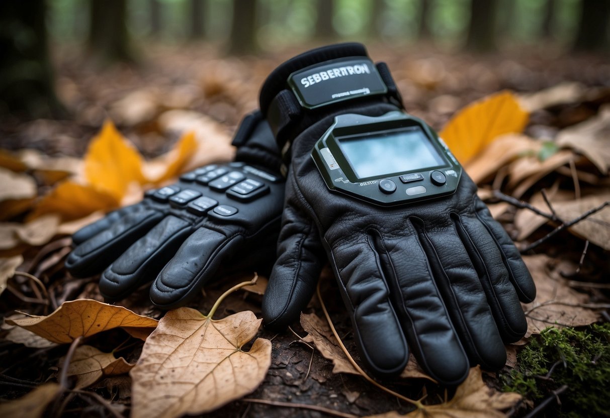 A pair of Seibertron S.O.L.A.G. Tactical Gloves lies on a forest floor, surrounded by fallen leaves and twigs, with a geocaching GPS device nearby