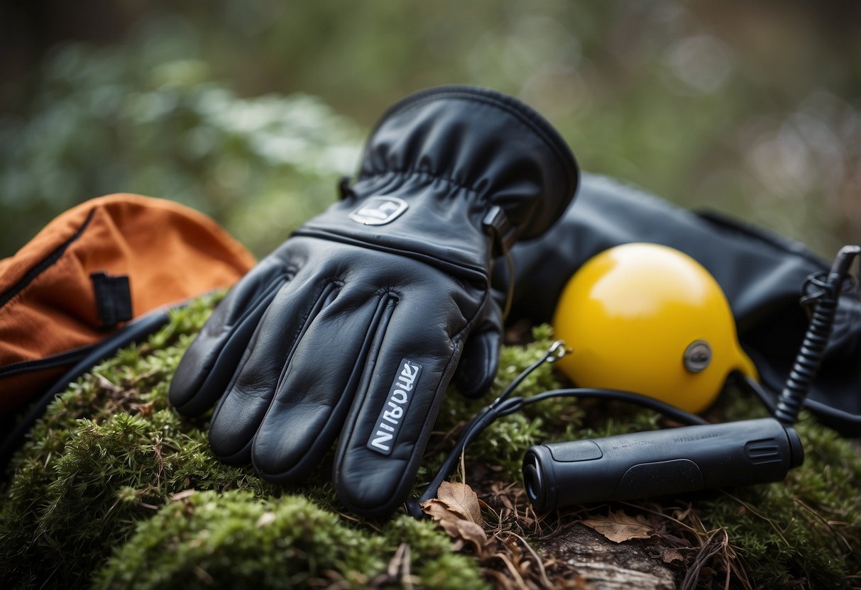 A pair of Youngstown Glove Company waterproof winter gloves surrounded by geocaching equipment and a rugged outdoor setting