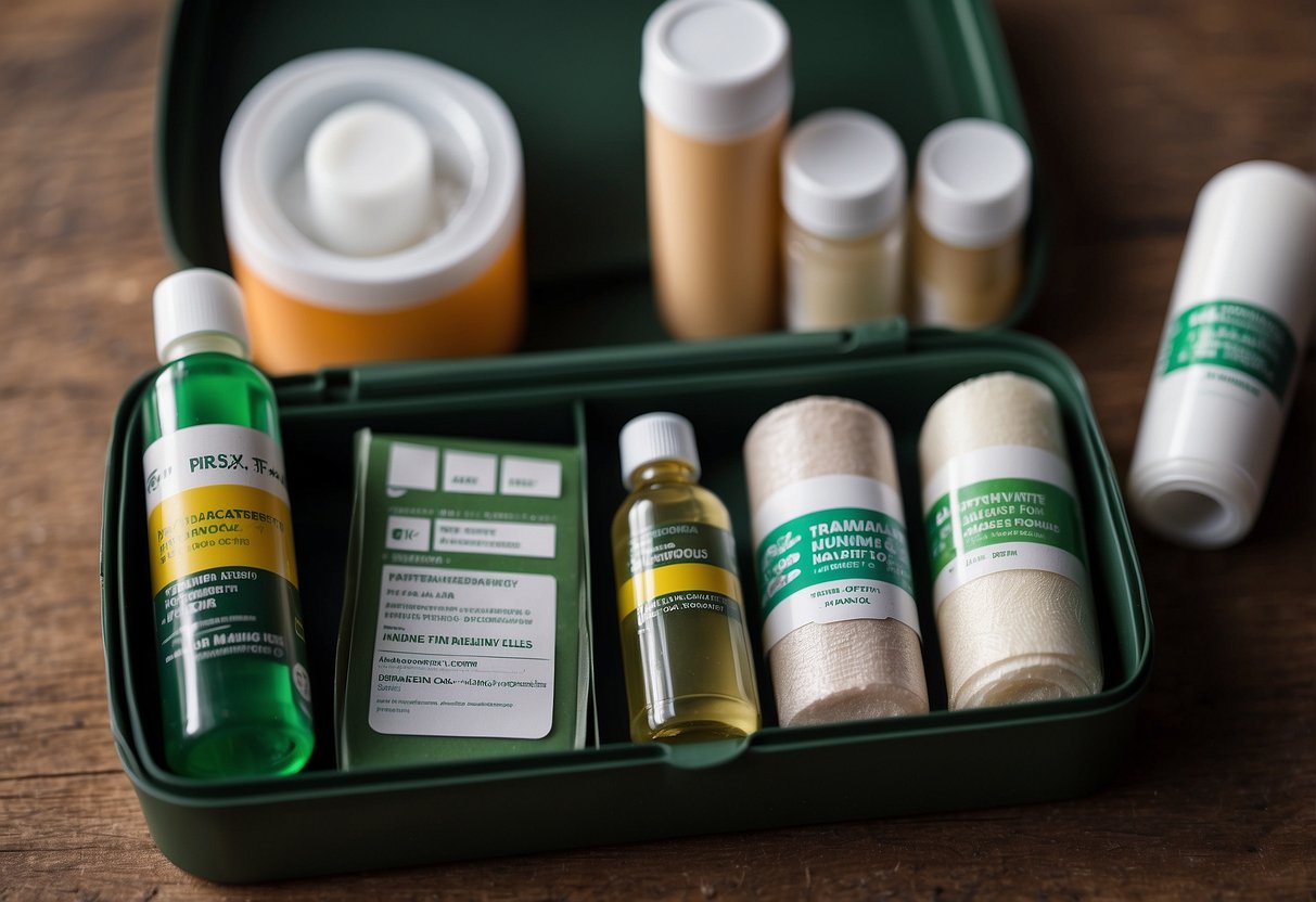 A collection of adhesive bandages, antiseptic wipes, and other first aid items arranged neatly in a compact case, ready for use during a geocaching adventure