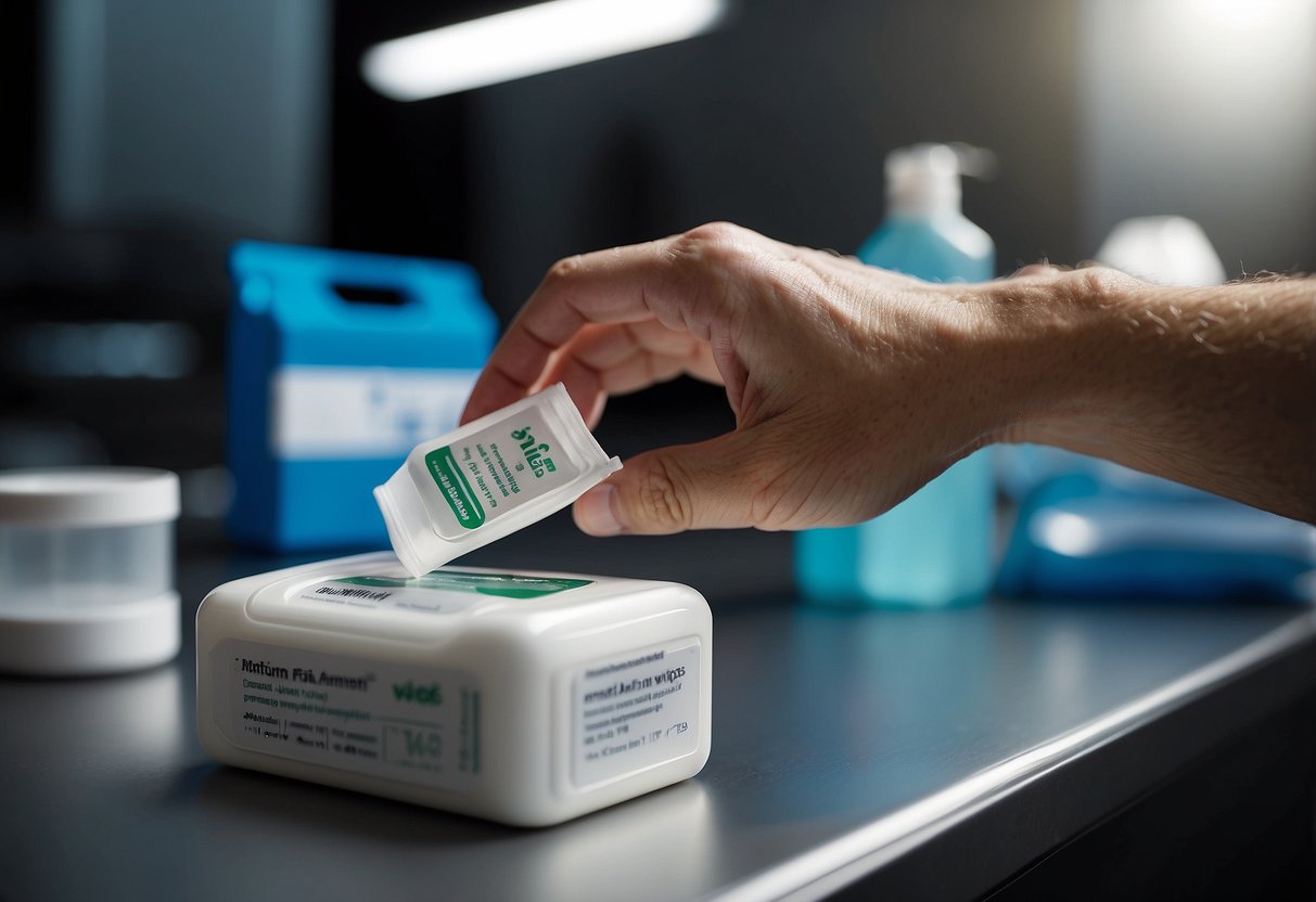 A hand reaches into a first aid kit and pulls out antiseptic wipes. The wipes are neatly stacked in a small package, with the label clearly visible