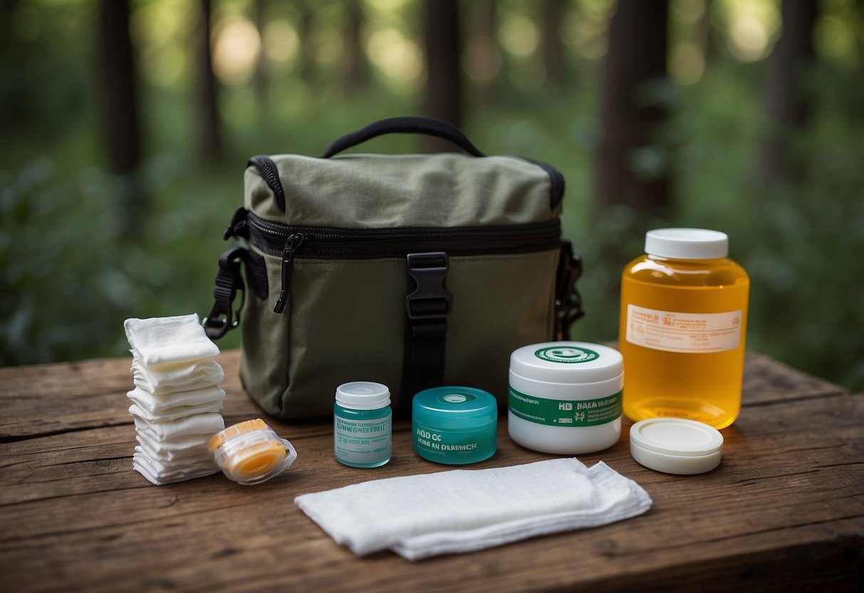 A table with sterile gauze pads, bandages, antiseptic wipes, and medical tape. A first aid kit and compass sit nearby, ready for geocaching adventure