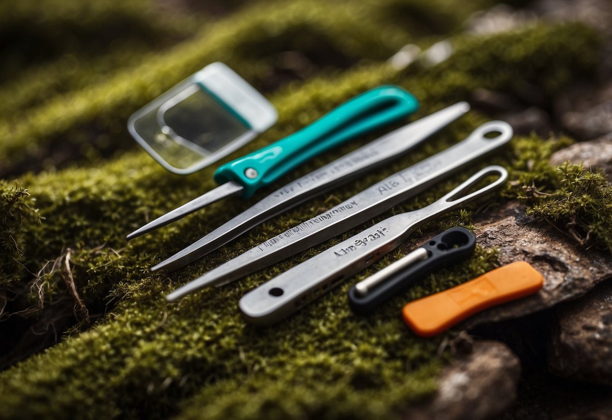 A pair of tweezers sits among 10 essential first aid items for geocaching. The tweezers are neatly placed alongside other supplies, ready for any potential mishaps during the outdoor adventure