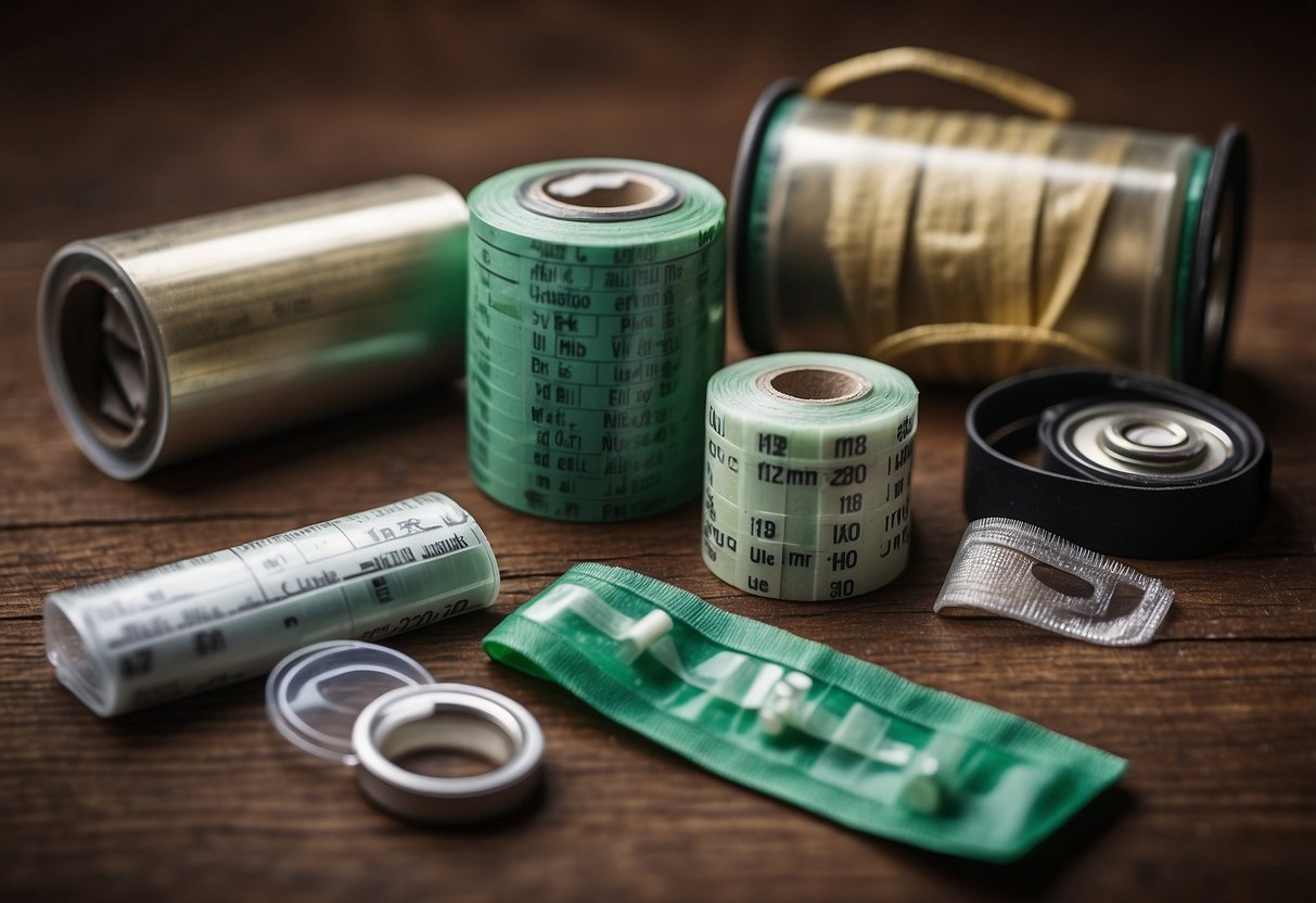 A roll of medical tape sits next to a compass, bandages, and other first aid items in a geocaching kit