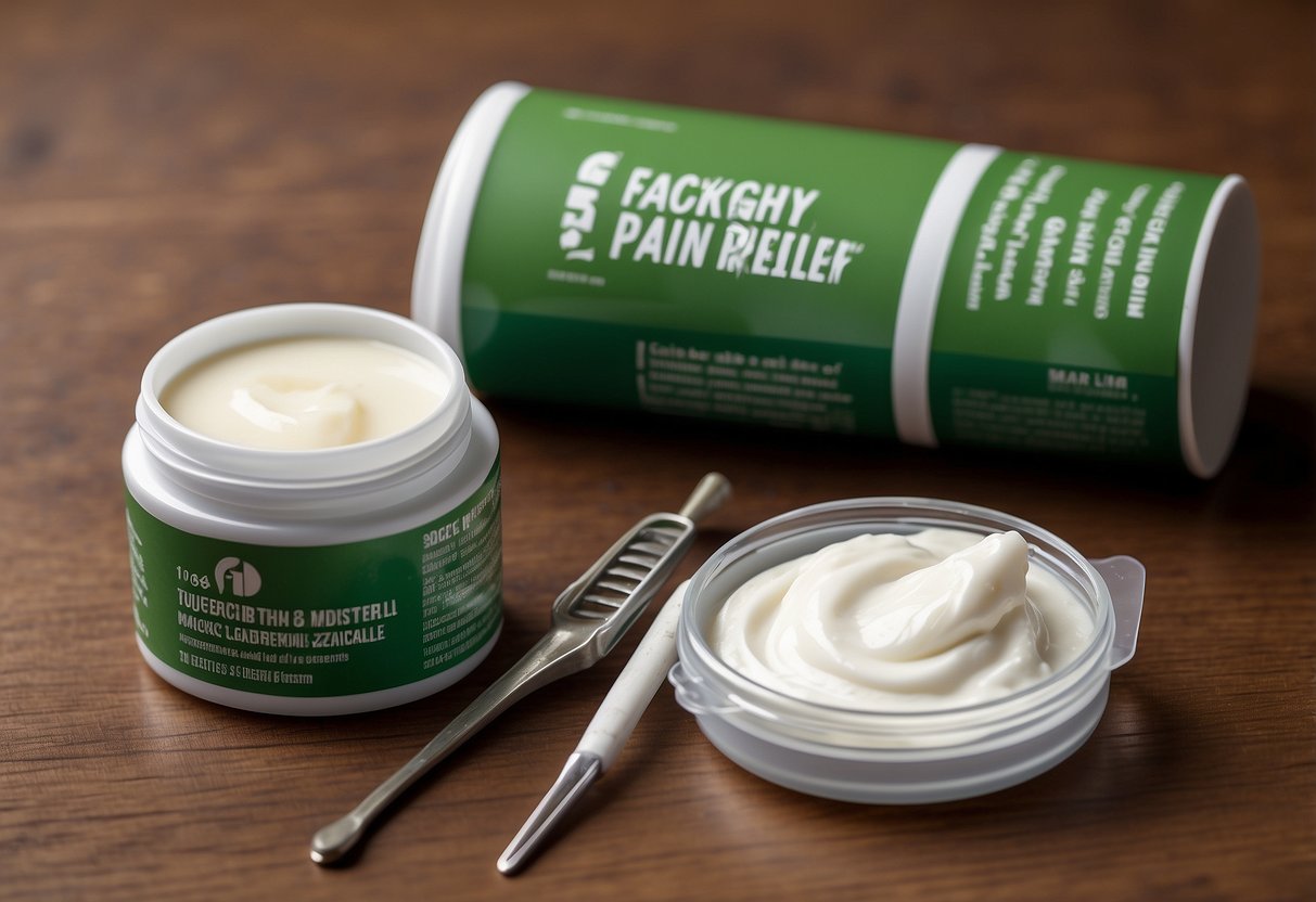 A tube of pain relief cream sits among 10 essential first aid items for geocaching. The items include bandages, antiseptic wipes, and tweezers