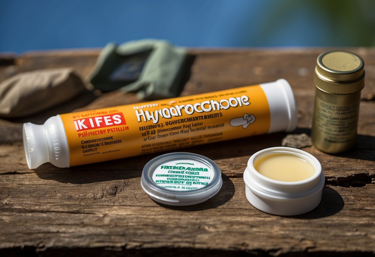 A tube of hydrocortisone ointment sits among 10 essential first aid items for geocaching. Items include bandages, antiseptic wipes, and tweezers