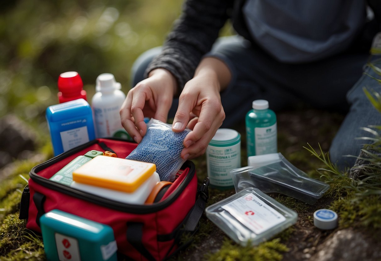 A hand reaches for an instant cold pack amidst a first aid kit, surrounded by items for geocaching