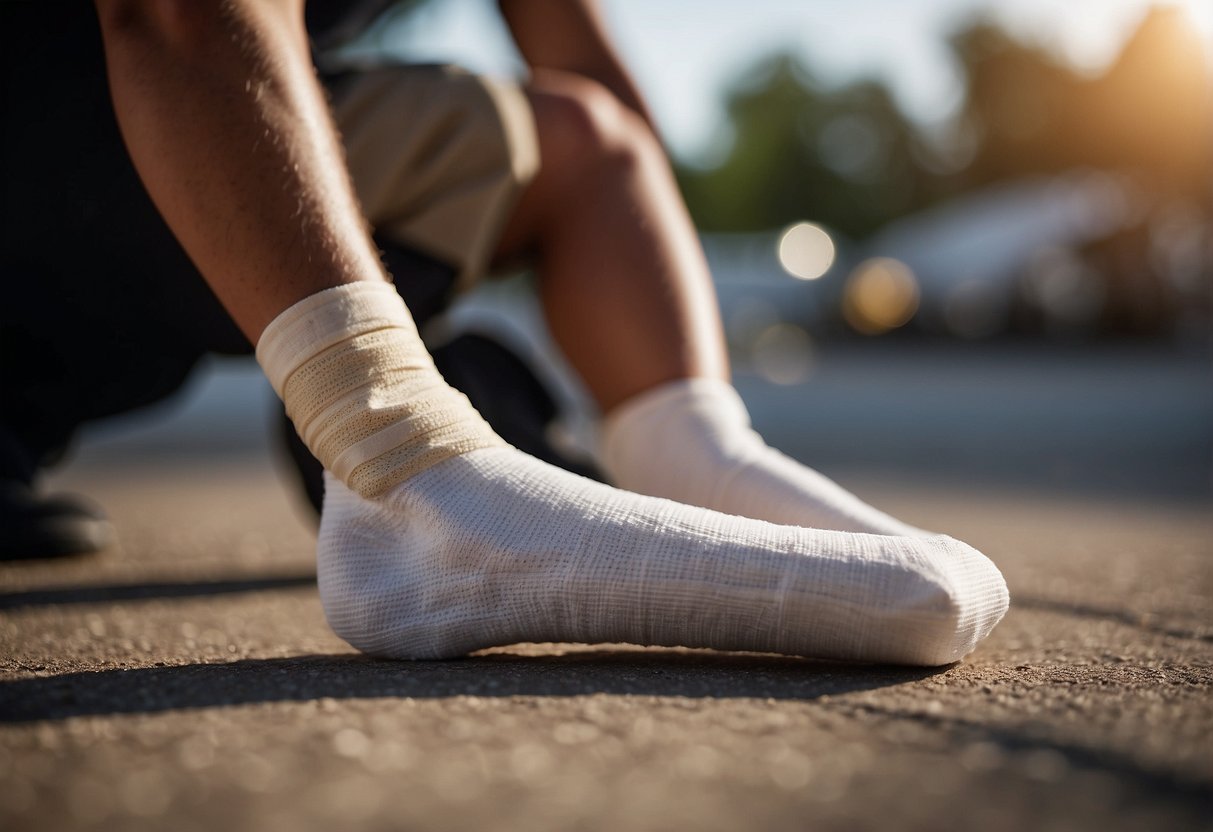 An elastic bandage is being wrapped around a sprained ankle with a first aid kit in the background