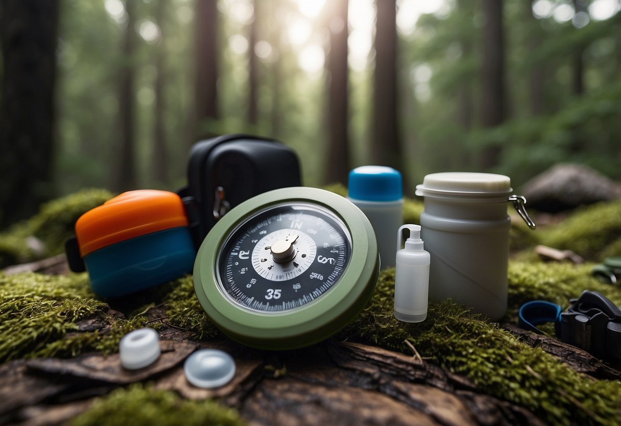 A CPR face shield lies on a forest floor, surrounded by a compass, bandages, and other first aid items, next to a geocaching container