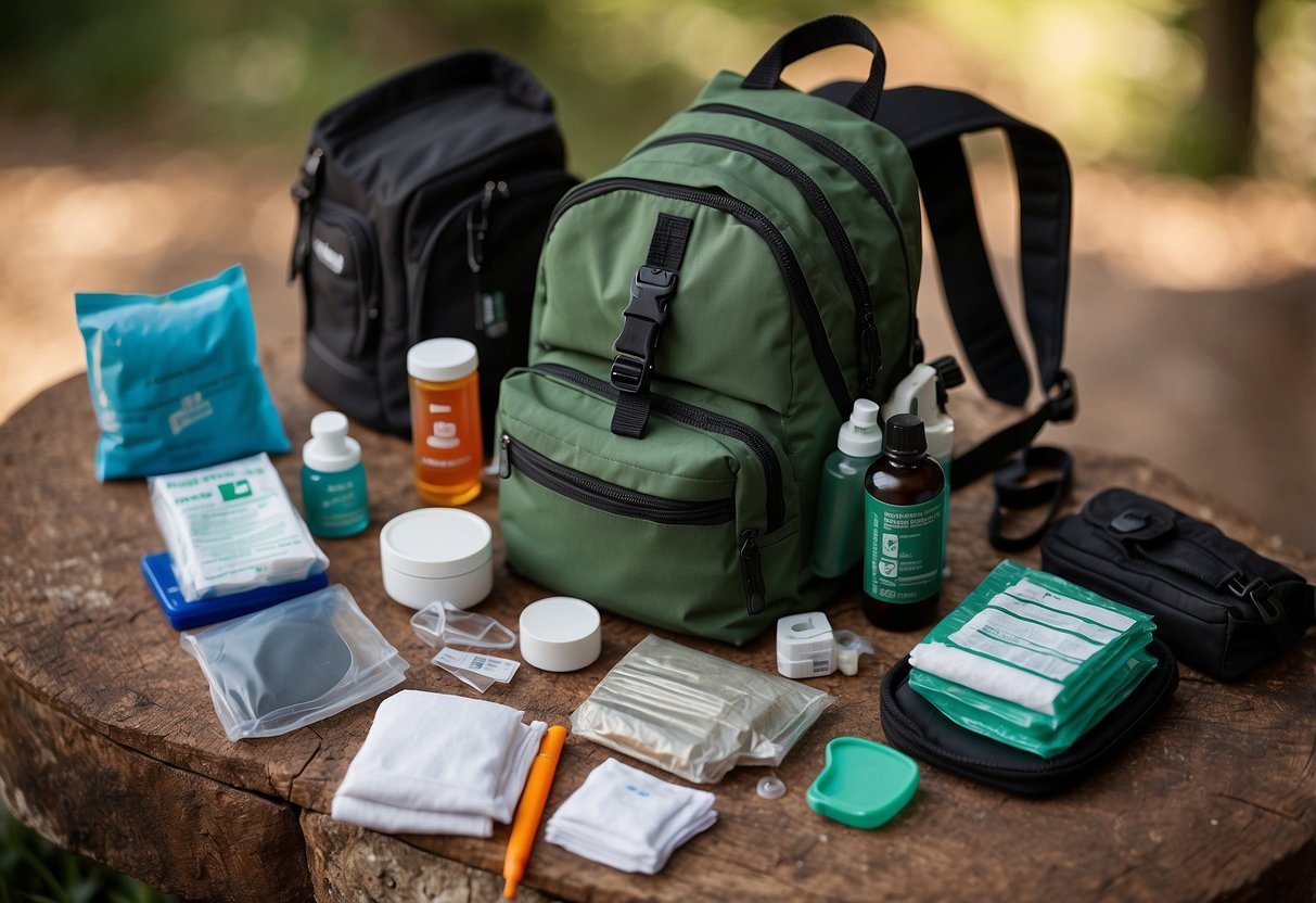 A geocacher's backpack open, revealing essential first aid items: bandages, antiseptic wipes, tweezers, gloves, scissors, and a first aid guide