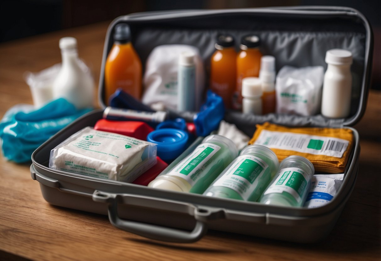 A first aid kit open on a table, with items neatly organized and labeled. Restocking supplies nearby, including bandages, antiseptic wipes, and scissors