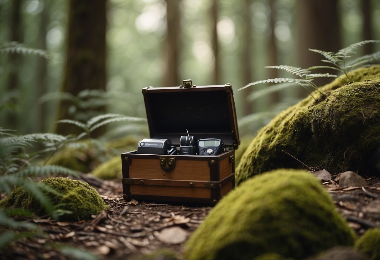 A forest trail winds through tall trees, with a GPS device in hand. A treasure chest sits hidden among rocks and foliage, waiting to be discovered