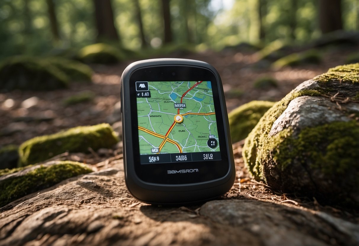 A GPS device on a hiking trail, surrounded by trees and rocks, with a map displayed on the screen. Sunlight filters through the foliage, casting dappled shadows on the ground