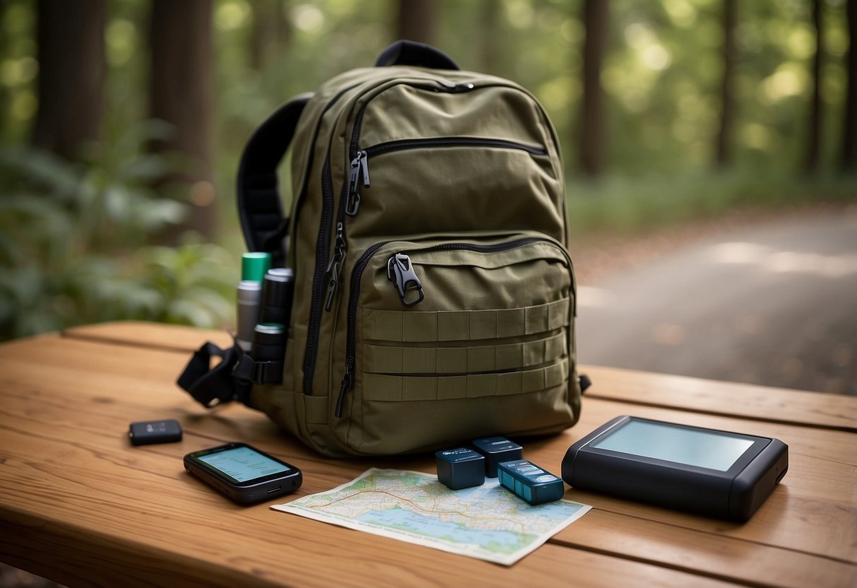 A backpack open with extra batteries spilling out, a GPS device, and a map of geocaching routes laid out on a table