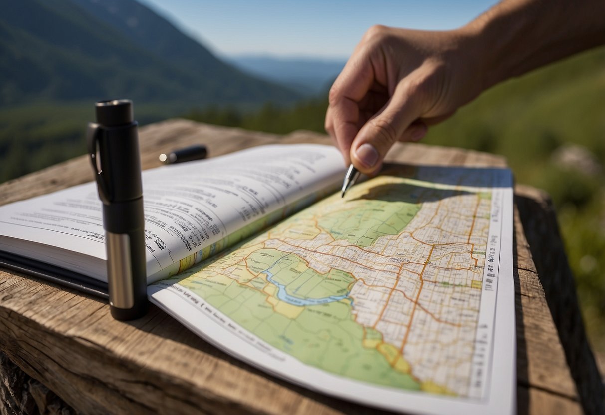 A hand reaches for a pen next to a logbook with a geocaching route map in the background. The tips for navigating are written on a sign nearby