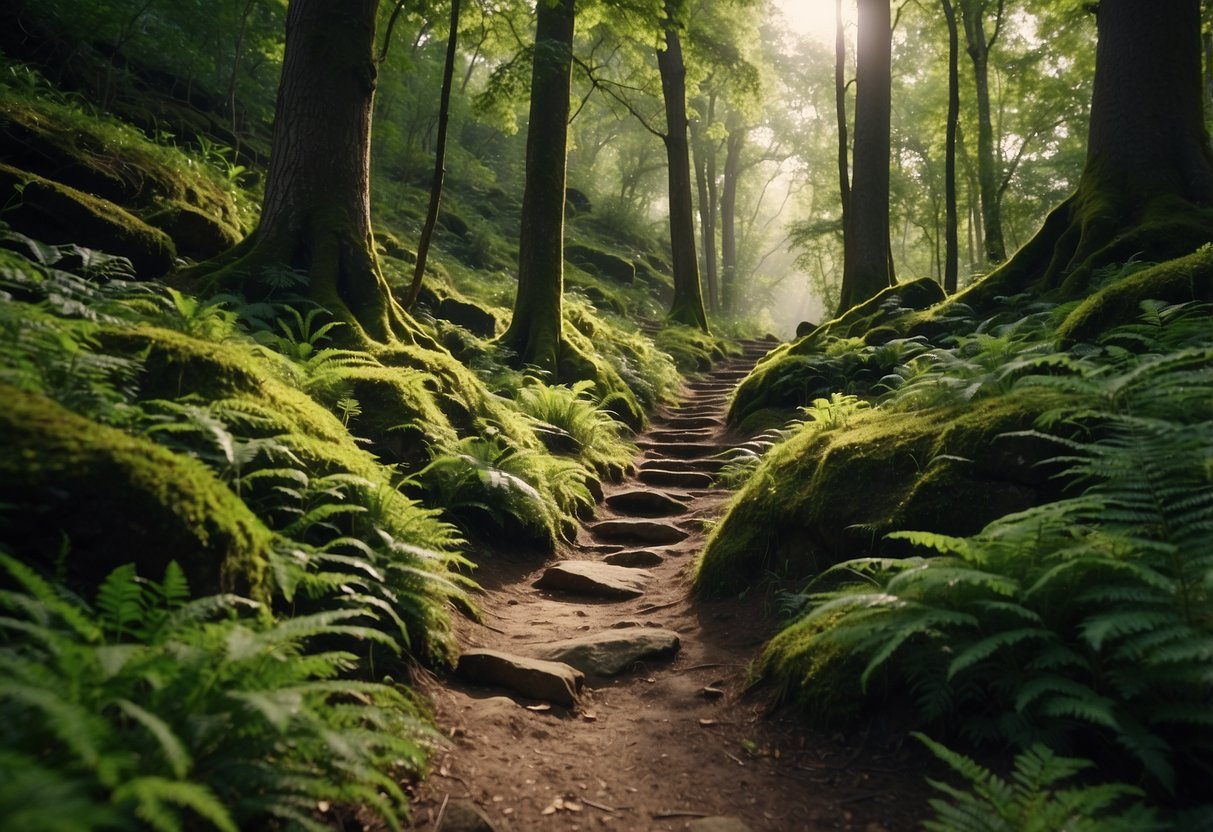 A forest trail winds through lush greenery, with hidden caches tucked among the trees and rocks. A map and compass guide the way, as hikers search for treasures in the natural landscape