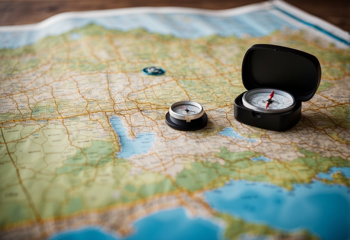 A map laid out with compass, GPS, and geocaching supplies. Trail markers and terrain features are visible