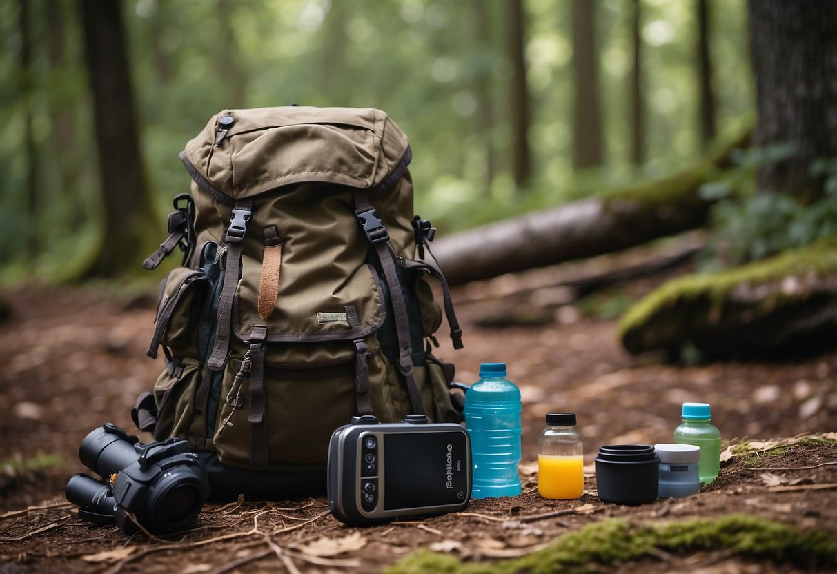 A backpack open on the ground, GPS device, compass, map, water bottle, and snacks scattered around. Hiking boots and a hat nearby. Trees and trails in the background