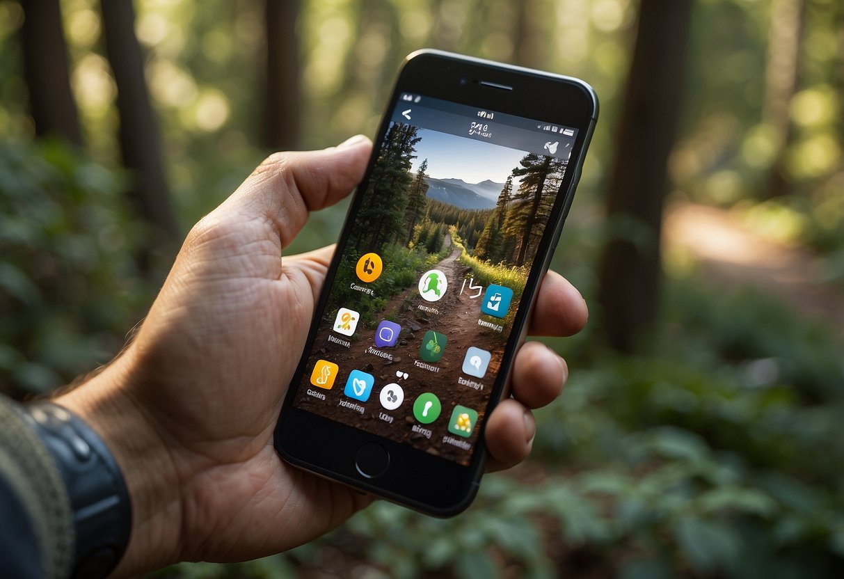 A hand holding a smartphone with 5 geocaching app icons on the screen, surrounded by outdoor elements like trees, rocks, and a trail