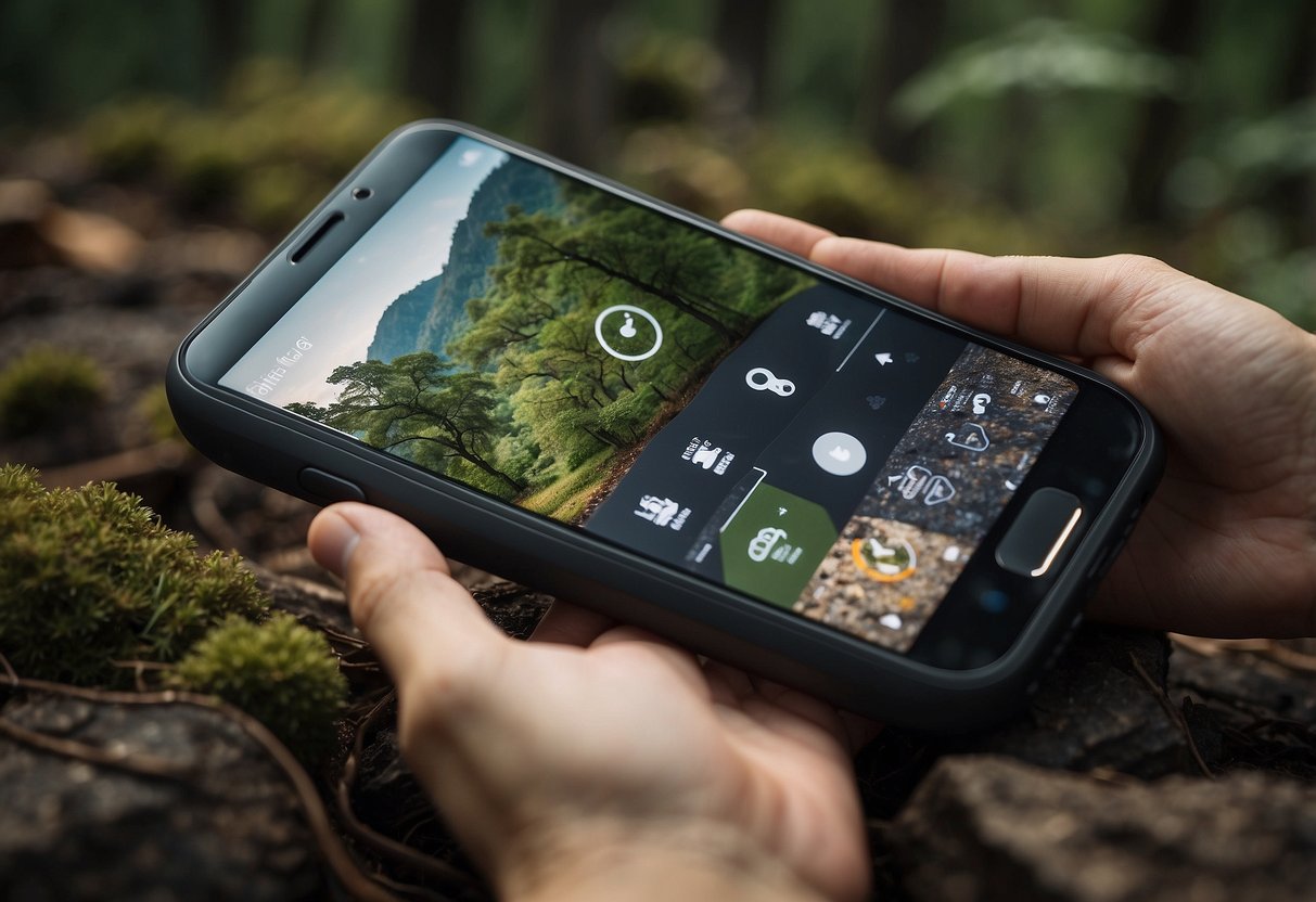 A smartphone with a geocaching app open, surrounded by nature and a hidden treasure box