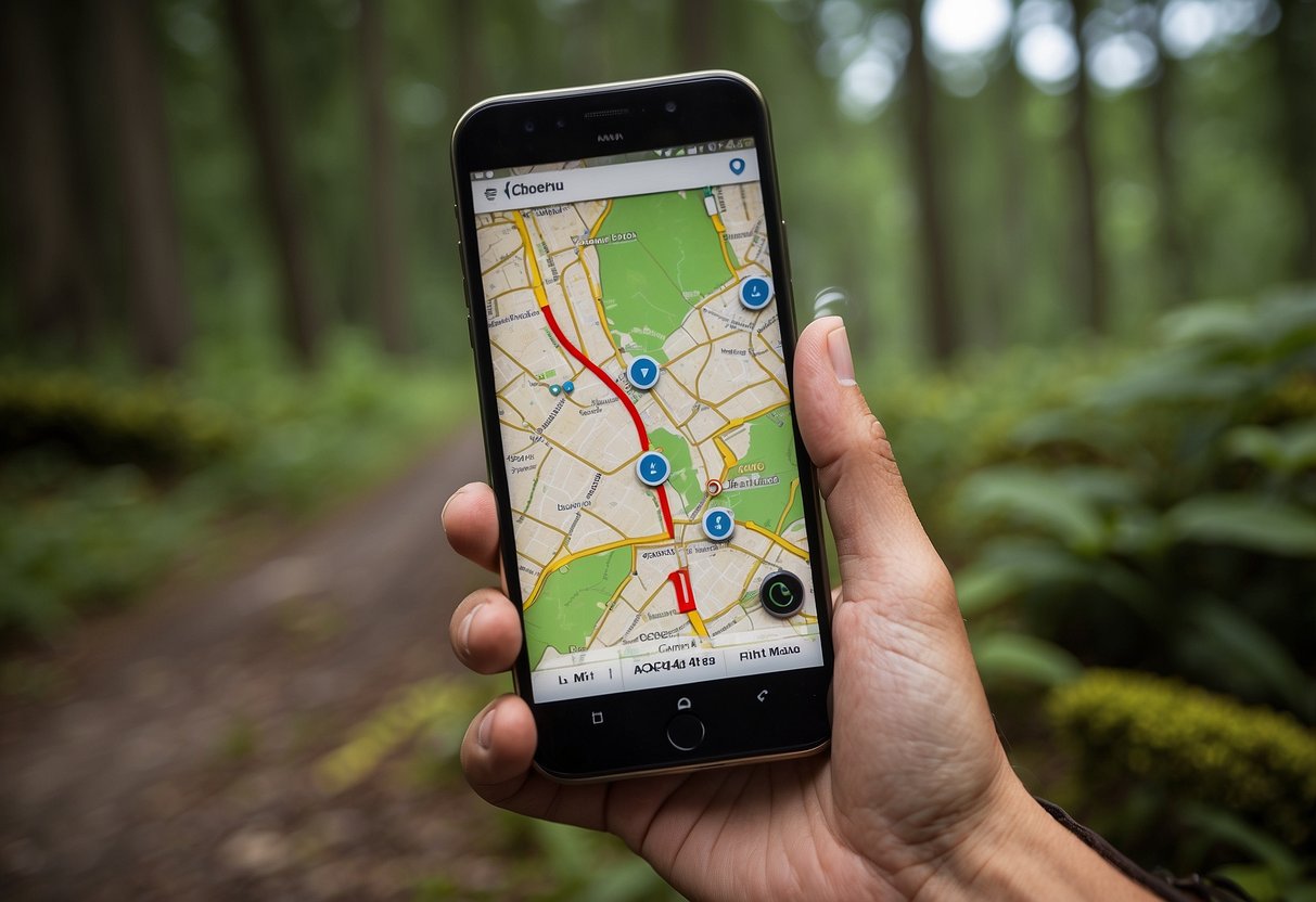 A smartphone displaying the Cachetur.no app with a map of geocaching locations, surrounded by a compass, magnifying glass, and GPS signal icon