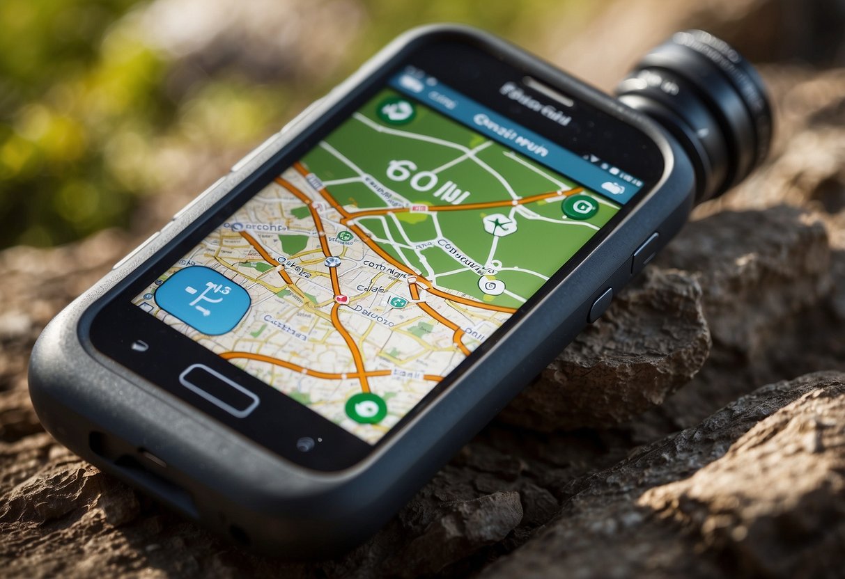 A smartphone with geocaching apps displayed on the screen, surrounded by a compass, map, and outdoor gear