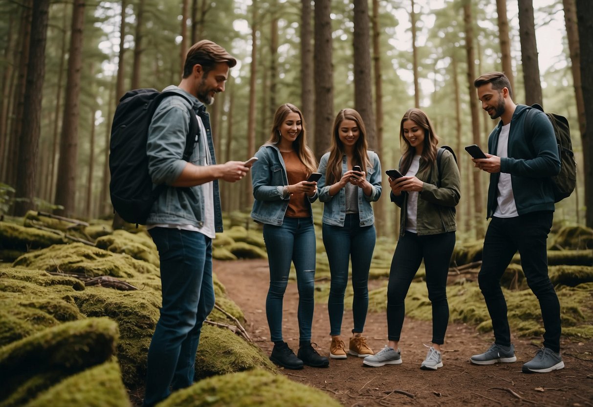 A group of people using smartphones to navigate through a forest, searching for hidden treasures using geocaching apps. They are engaged and excited as they explore the outdoors