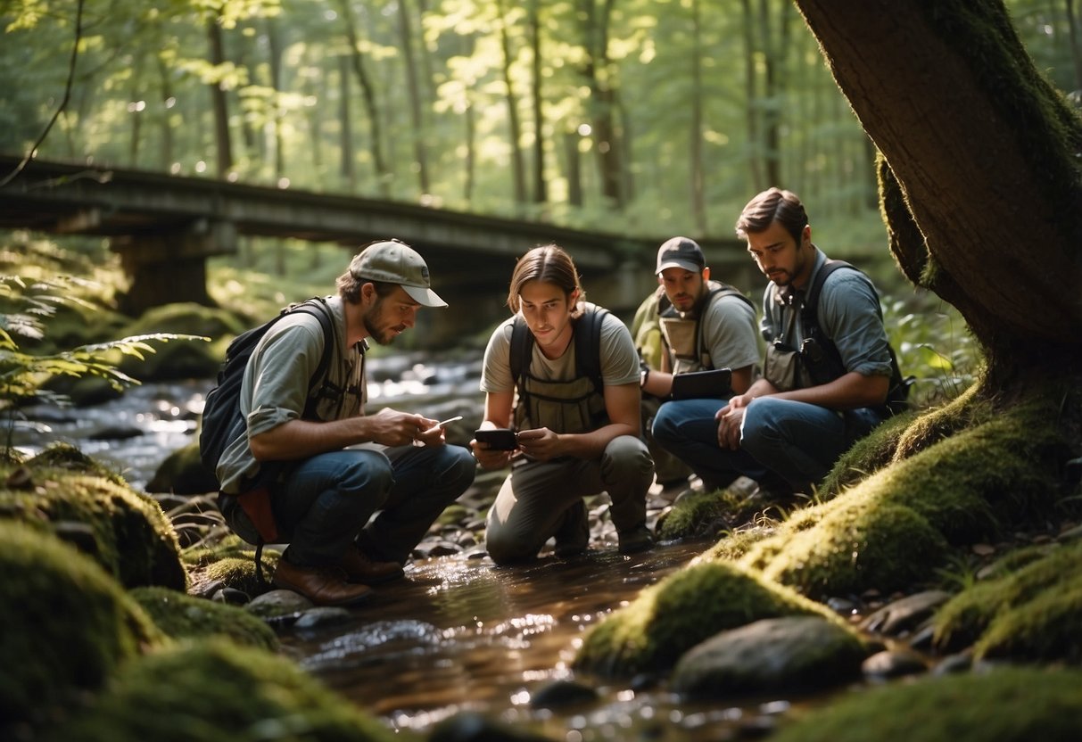 Geocachers search for hidden treasures in a forest, near a stream, and under a bridge. They use GPS devices and clues to find the hidden caches