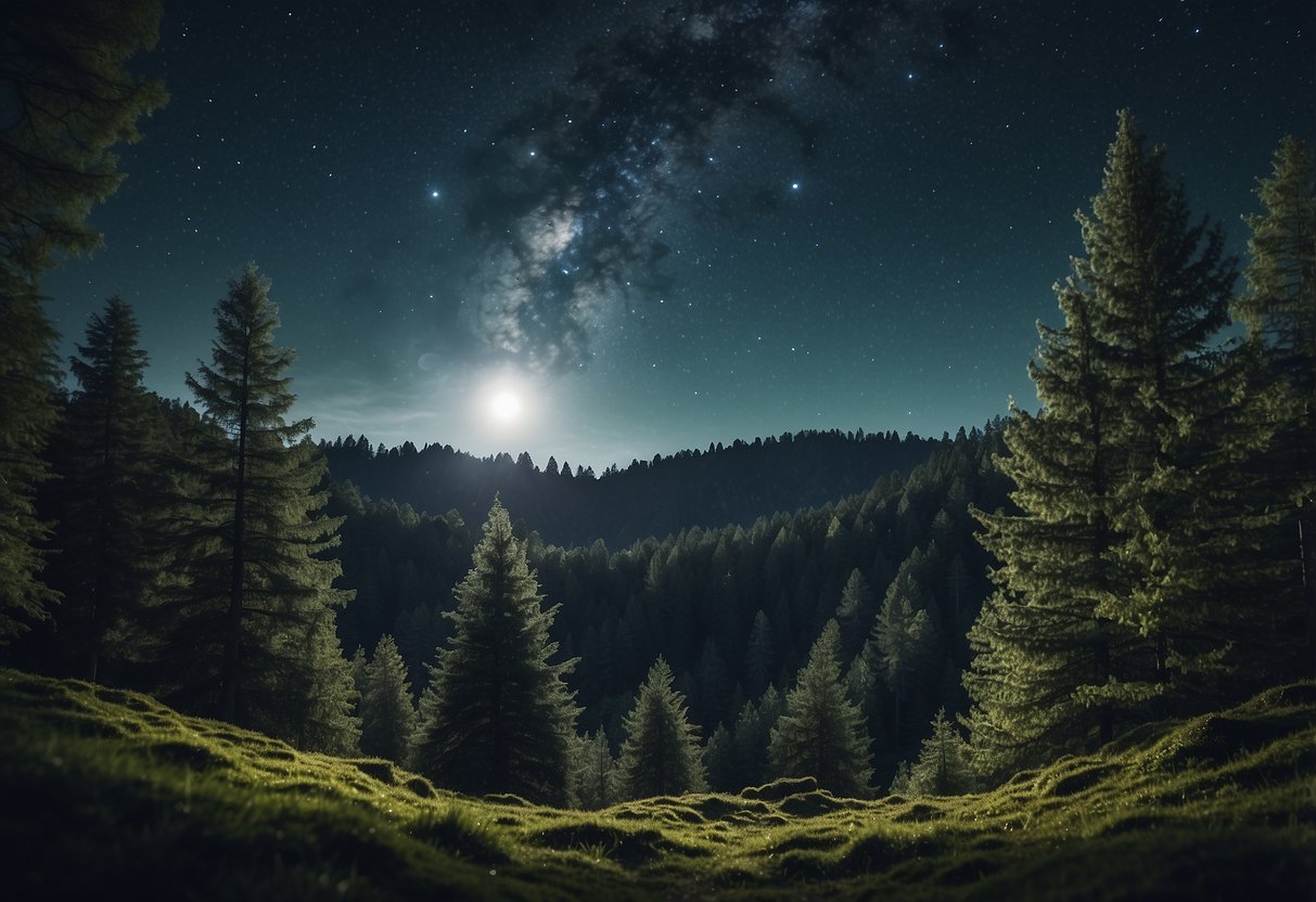 A moonlit forest with hidden geocaches among the trees, a starry sky overhead, and a sense of adventure in the air