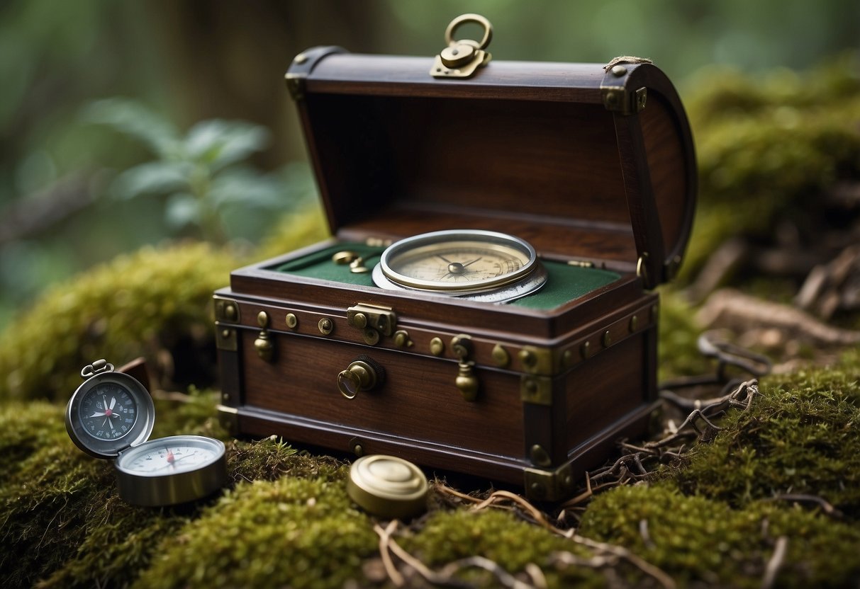 A treasure chest hidden in a tree hollow, a logbook and trinkets inside. A compass, map, and GPS device nearby. A series of clues leading to the next stage of the geocaching challenge