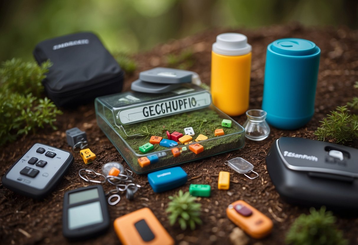 A colorful assortment of trackable items arranged in a natural outdoor setting, surrounded by various geocaching challenges such as puzzles, riddles, and physical tasks