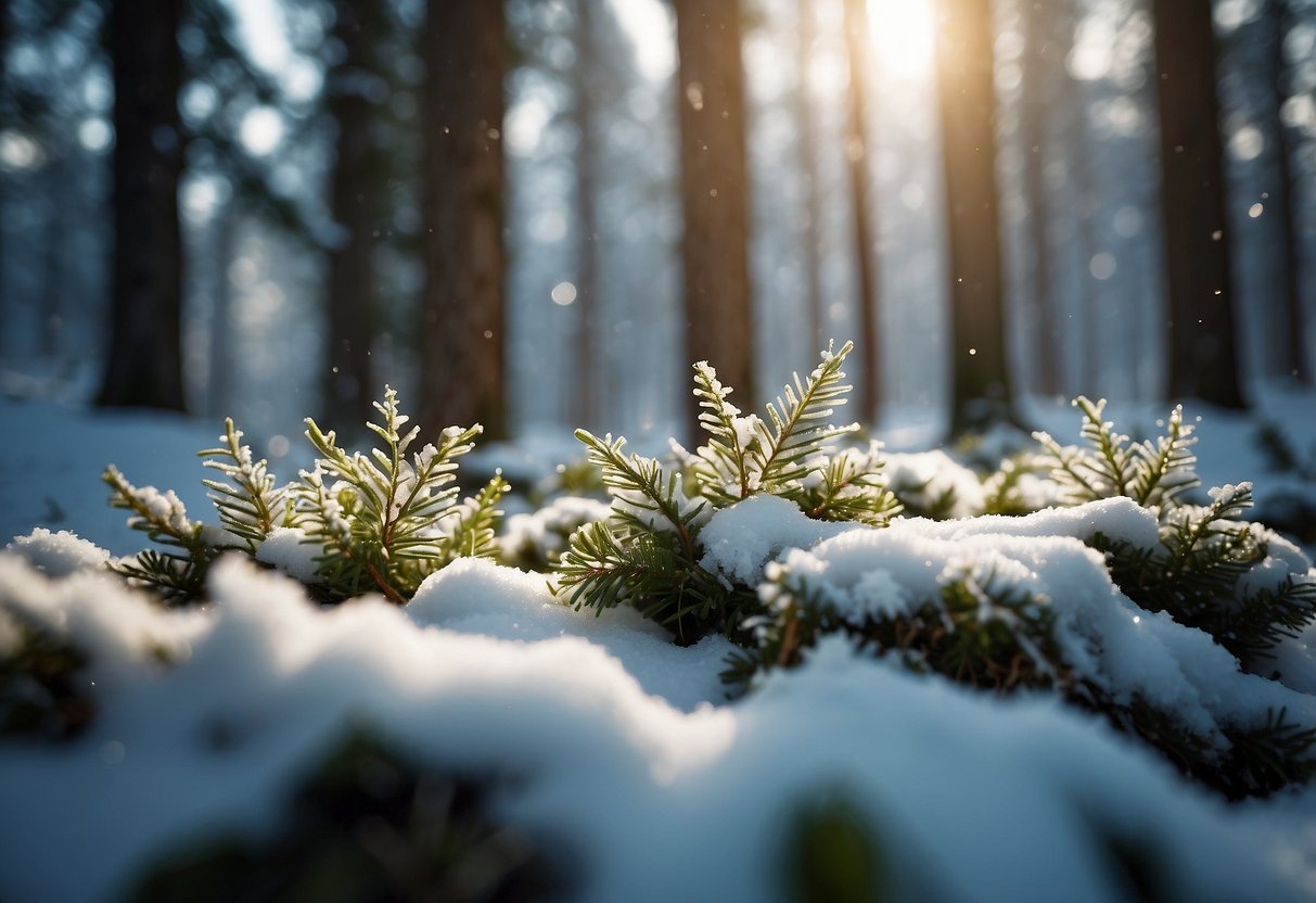 A snowy forest clearing with a variety of hidden geocaches scattered among the trees, each cache decorated with festive holiday themes like snowflakes, candy canes, and ornaments