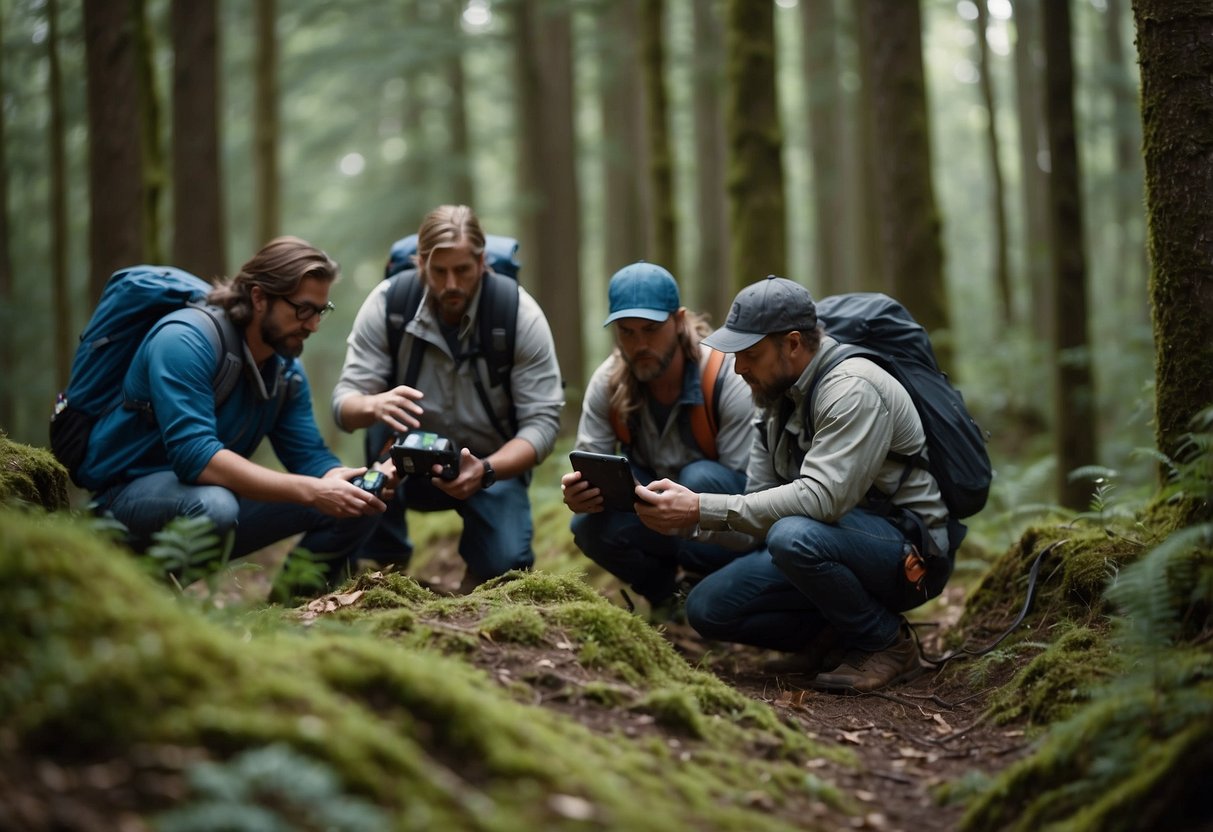 A group of geocachers navigate through a forest, using GPS devices and maps. They carefully search for hidden containers, facing various challenges along the way