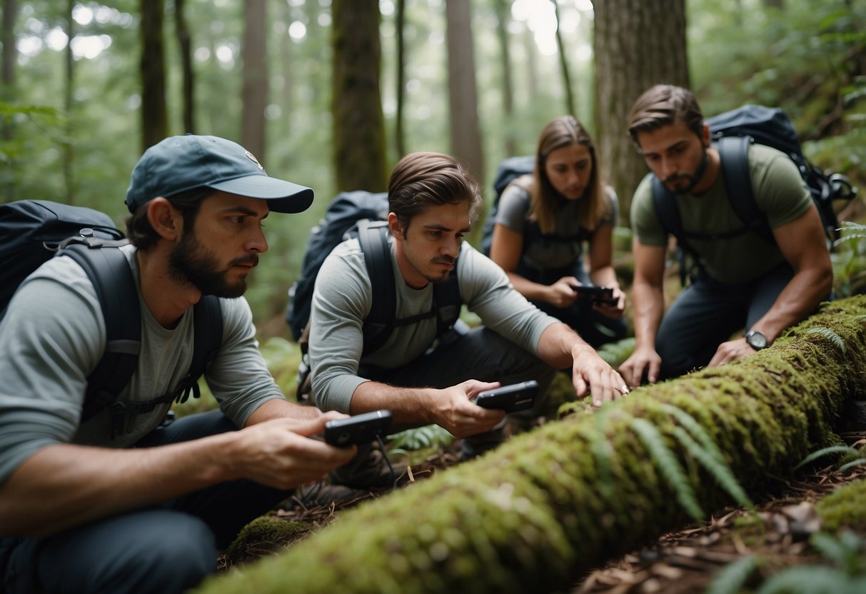 A group of geocachers use GPS devices to search for hidden caches in a dense forest. They navigate through thick underbrush and climb over fallen trees to reach their next challenge