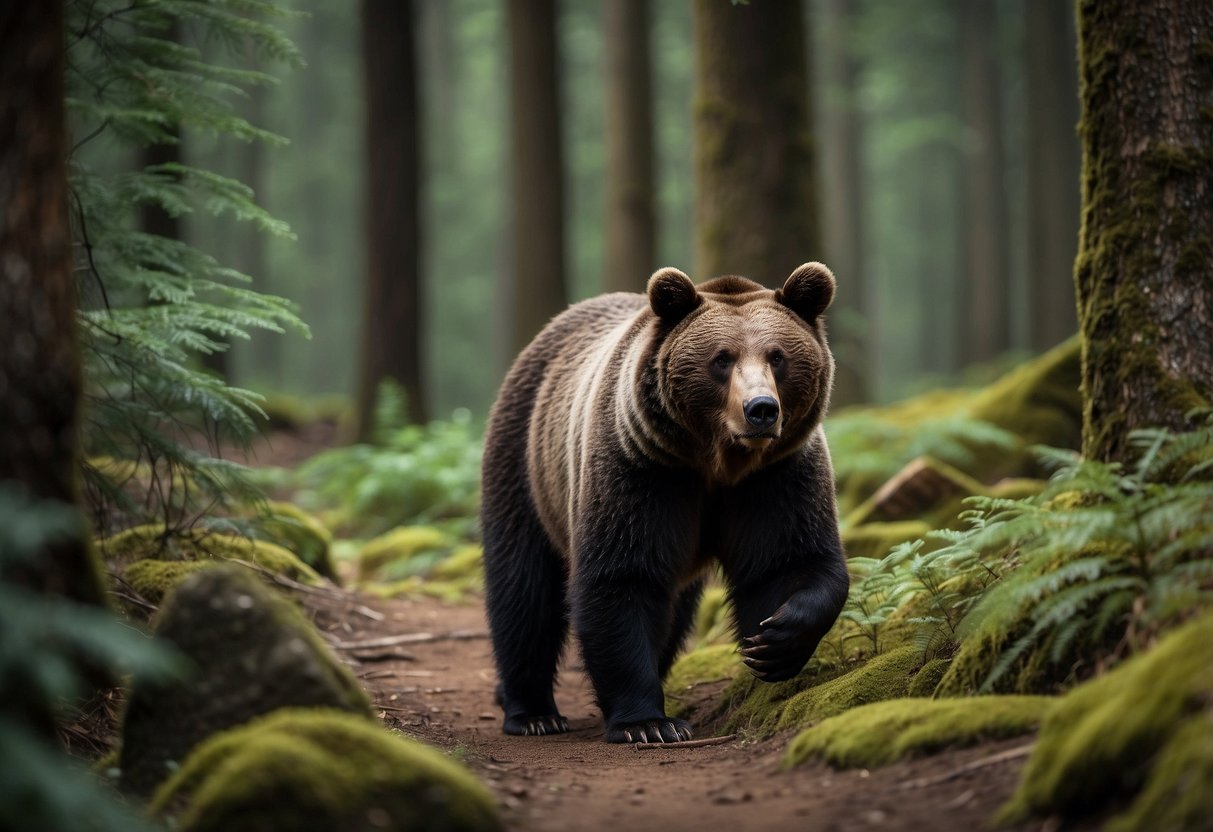 A bear wanders through a dense forest, sniffing at hidden geocaches nestled among trees and rocks. A GPS device and bear safety items sit nearby