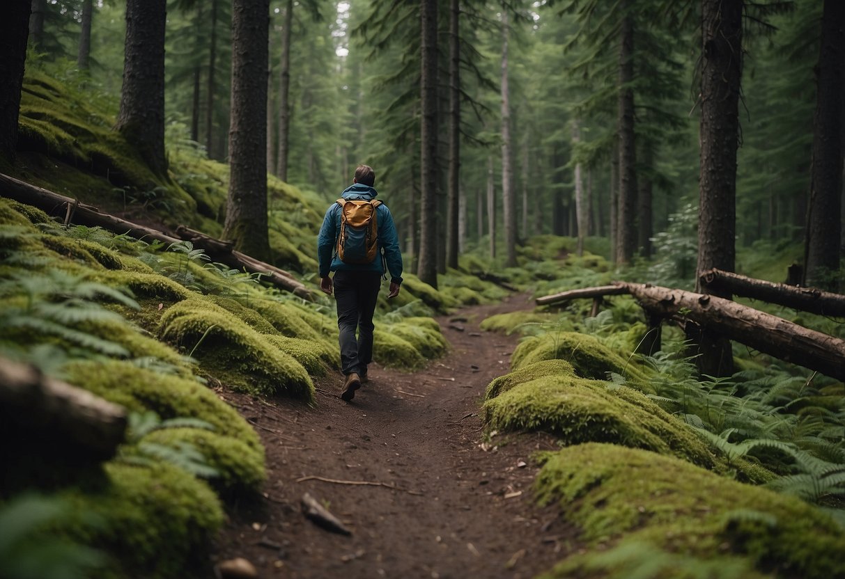 A hiker follows a marked trail through a forest, passing by warning signs for bear country. The trail winds through dense foliage and rocky terrain, with a sense of adventure and caution in the air