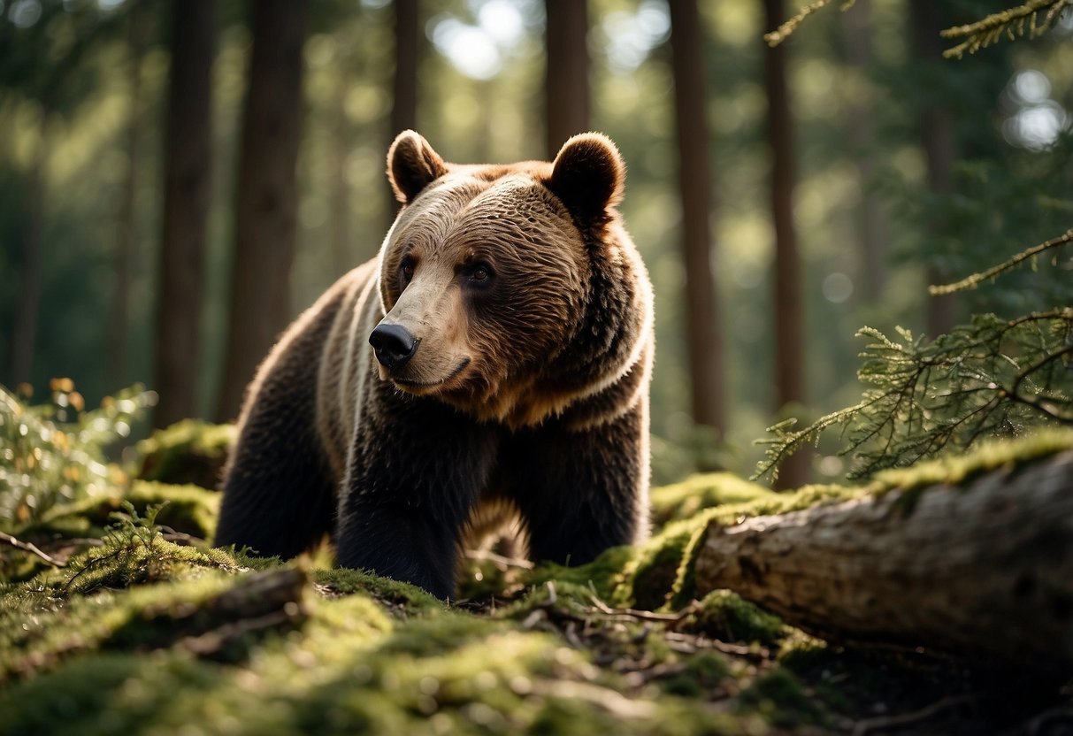 Forest clearing with scattered rocks and bushes. A bear sniffs around a geocache hidden under a fallen log. Sunlight filters through the trees