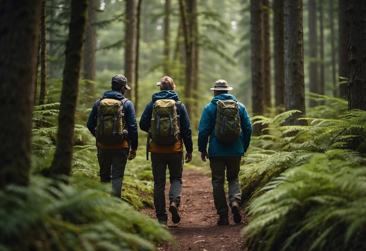 A group of geocachers navigates through a dense forest, keeping a watchful eye for bears. They follow a map and use GPS devices to locate hidden treasures