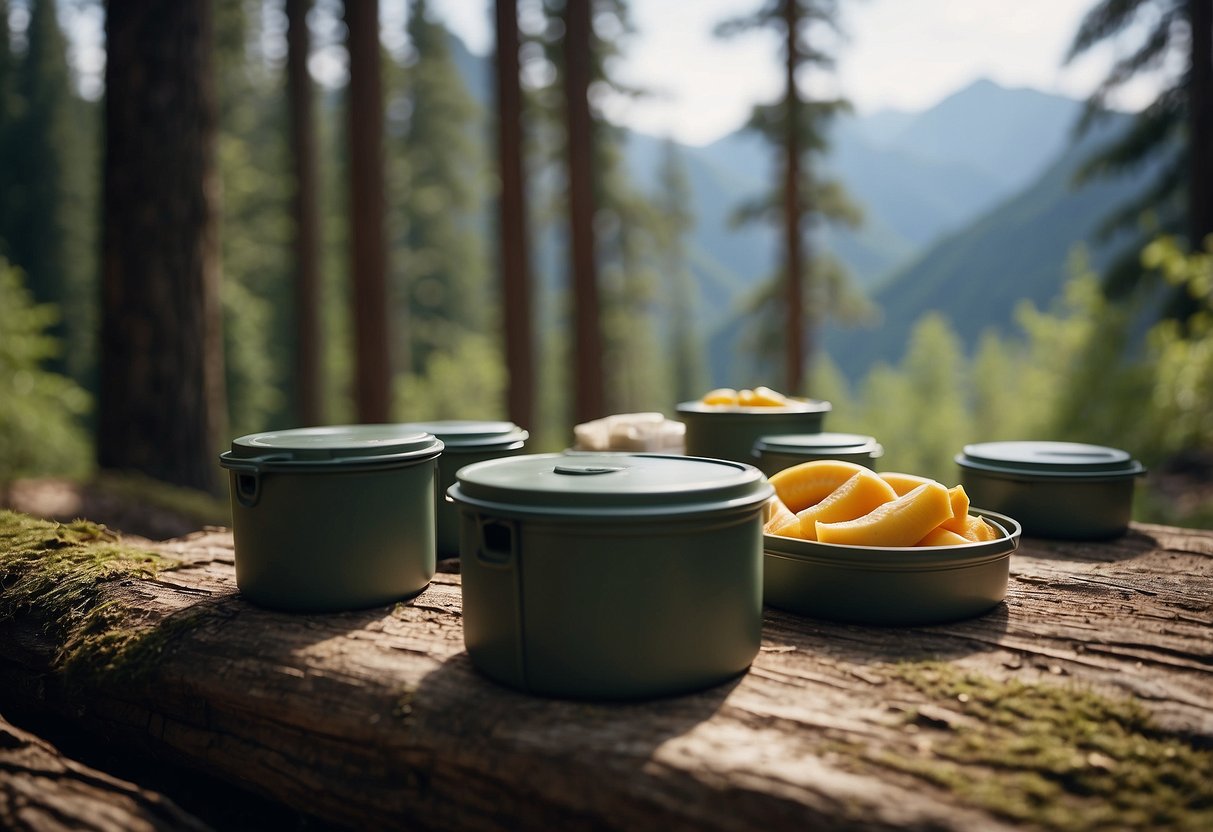 Food stored in bear-proof containers in a forest clearing, with a geocache hidden nearby. Trees and mountains in the background