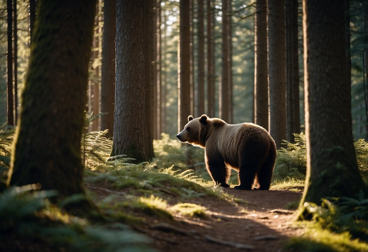 A bear sniffing around a geocache with caution, while a hiker watches from a safe distance. The bear's ears are perked up, and its body language shows curiosity. The surrounding environment is a lush forest with tall trees and a clear