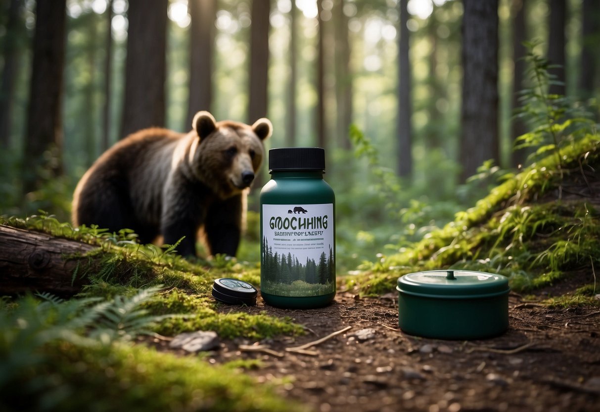 A bear-proof container sits next to a sign outlining geocaching safety tips in a forest clearing. A bear silhouette looms in the background