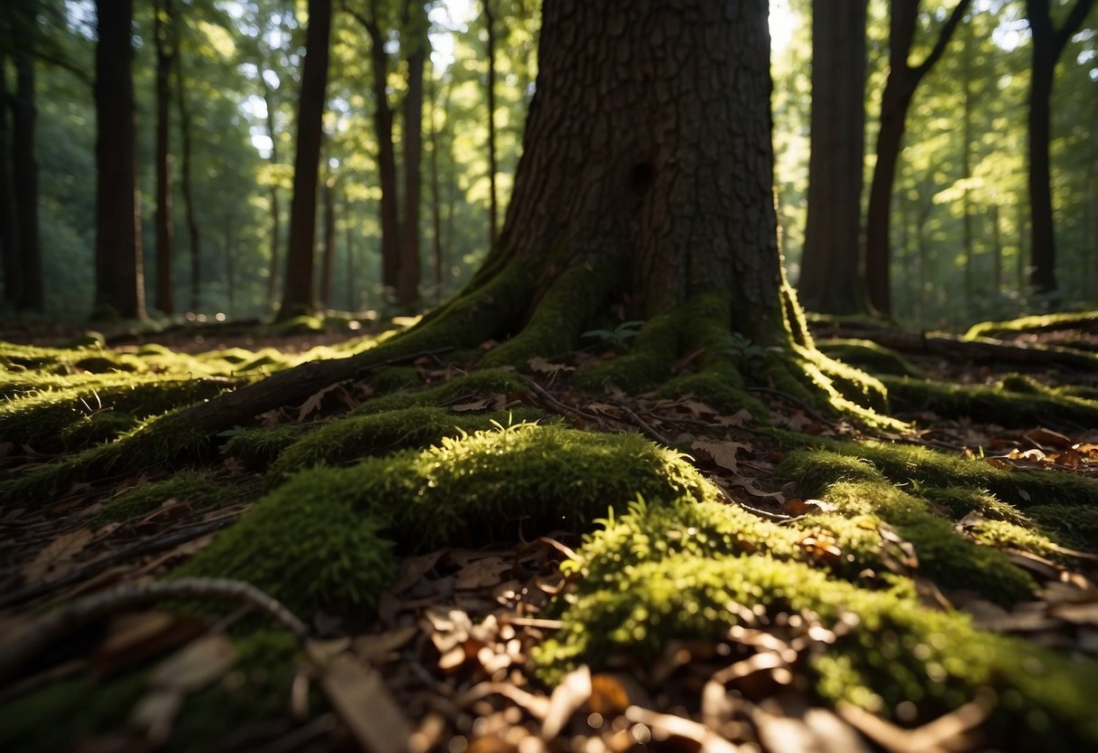 Sunlight filters through dense trees in Foresta Umbra, Italy, creating dappled shadows on the forest floor. A geocaching treasure is hidden among the roots of an ancient oak tree