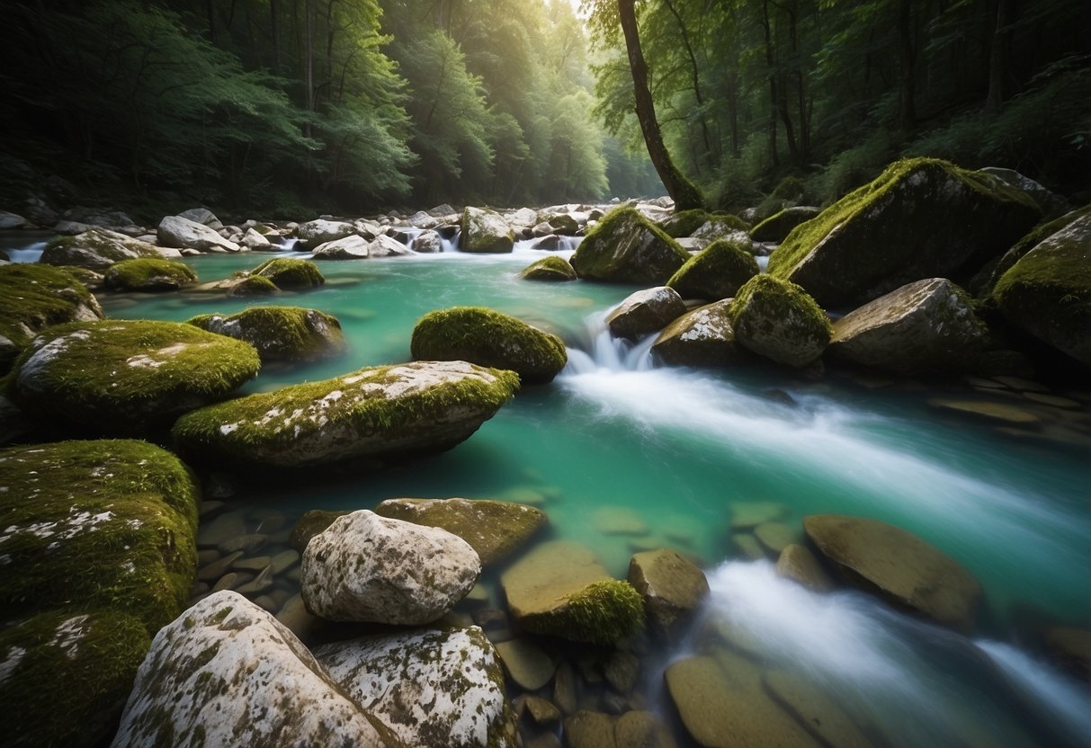 Lush greenery surrounds a clear, flowing river in Triglav National Park, Slovenia. A geocaching treasure hunt is underway in the breathtaking European landscape