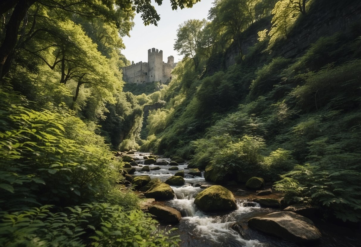 Lush forest with hidden trails, rocky cliffs, and flowing rivers. Ancient castles and historic ruins dot the landscape. Diverse ecosystems provide varied geocaching experiences