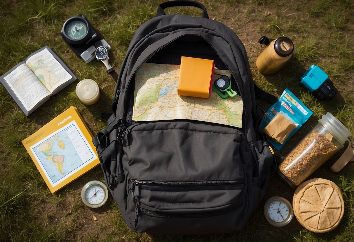 A backpack open on the ground, with a map, compass, and 10 neatly arranged lightweight snacks for geocaching trips