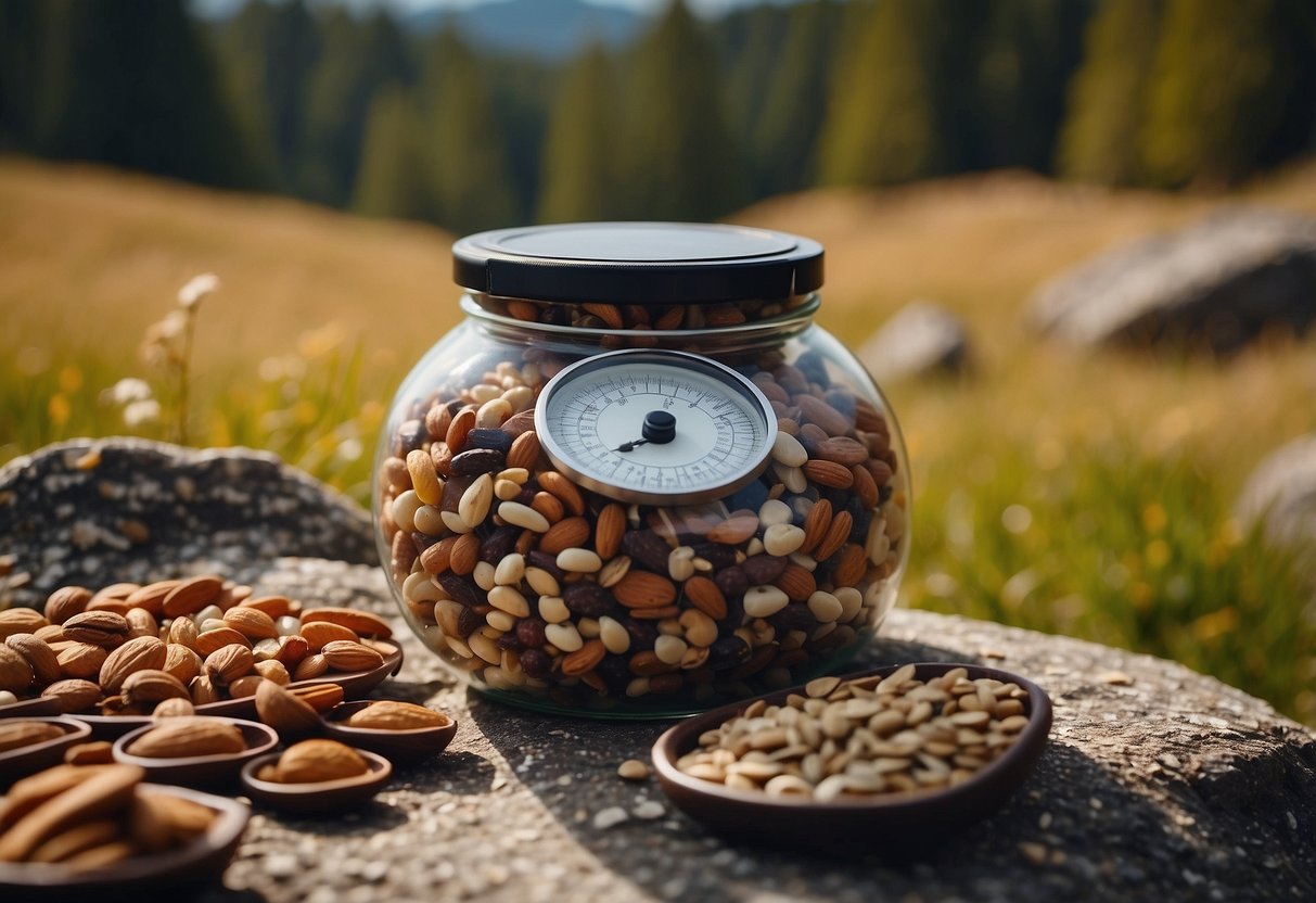 A bag of trail mix with nuts, seeds, and dried fruit. A map and compass nearby. Outdoor scenery with trees and rocks