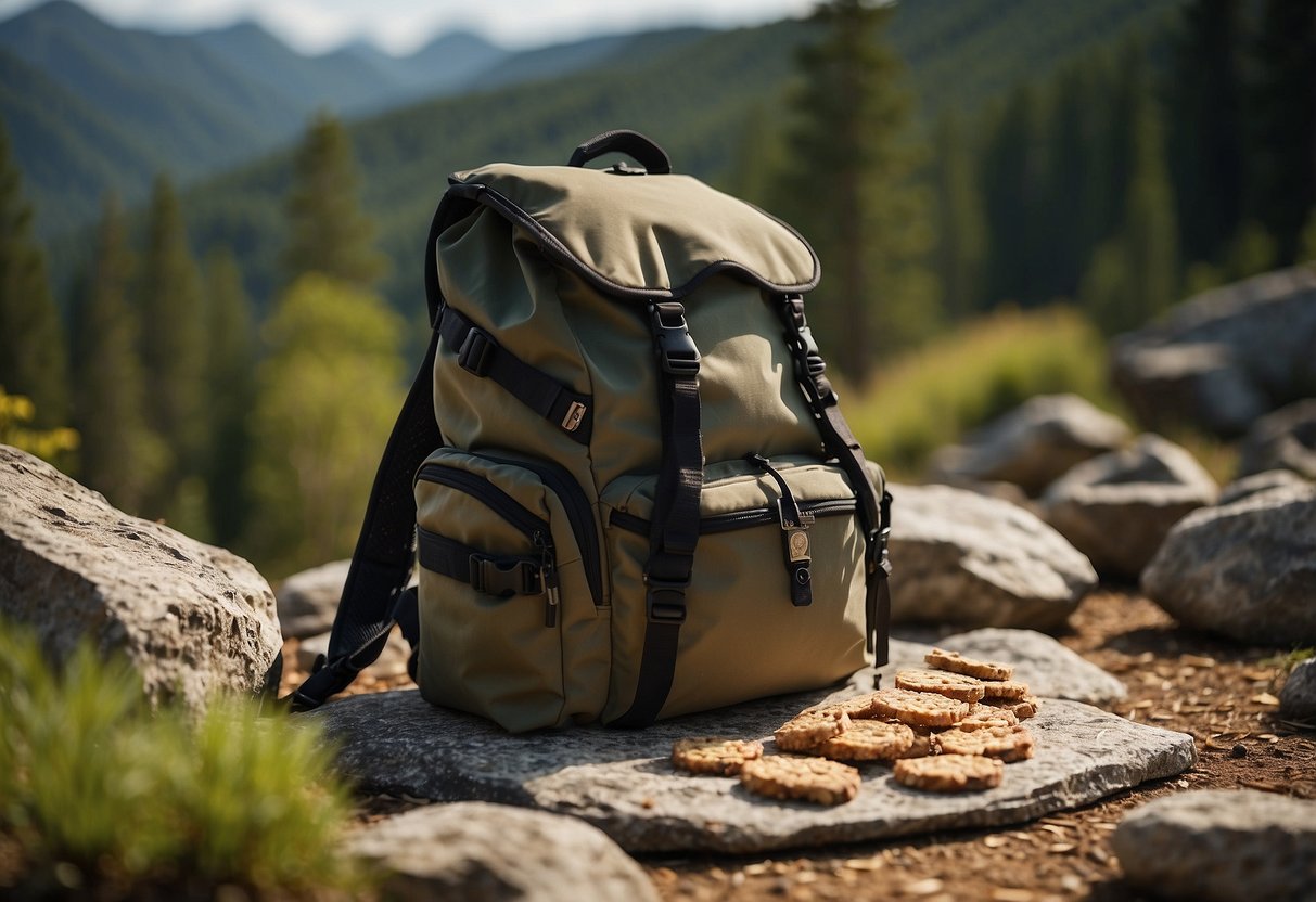 A backpack open on the ground, surrounded by trees and rocks. Nature Valley Crunchy Granola Bars spilling out, along with a map and compass