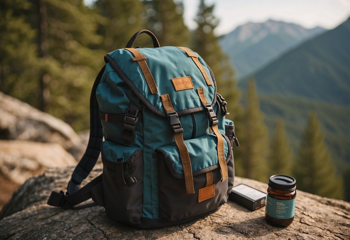 A backpack open on the ground, surrounded by a map, compass, and RXBAR protein bars. Trees and a trail in the background