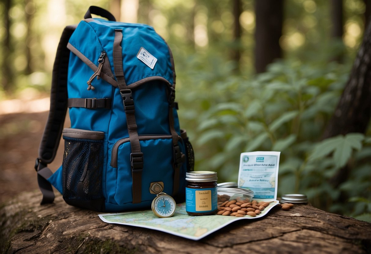 A backpack open, with Blue Diamond Almonds Single Serve Packs spilling out onto a map and compass, ready for a geocaching adventure