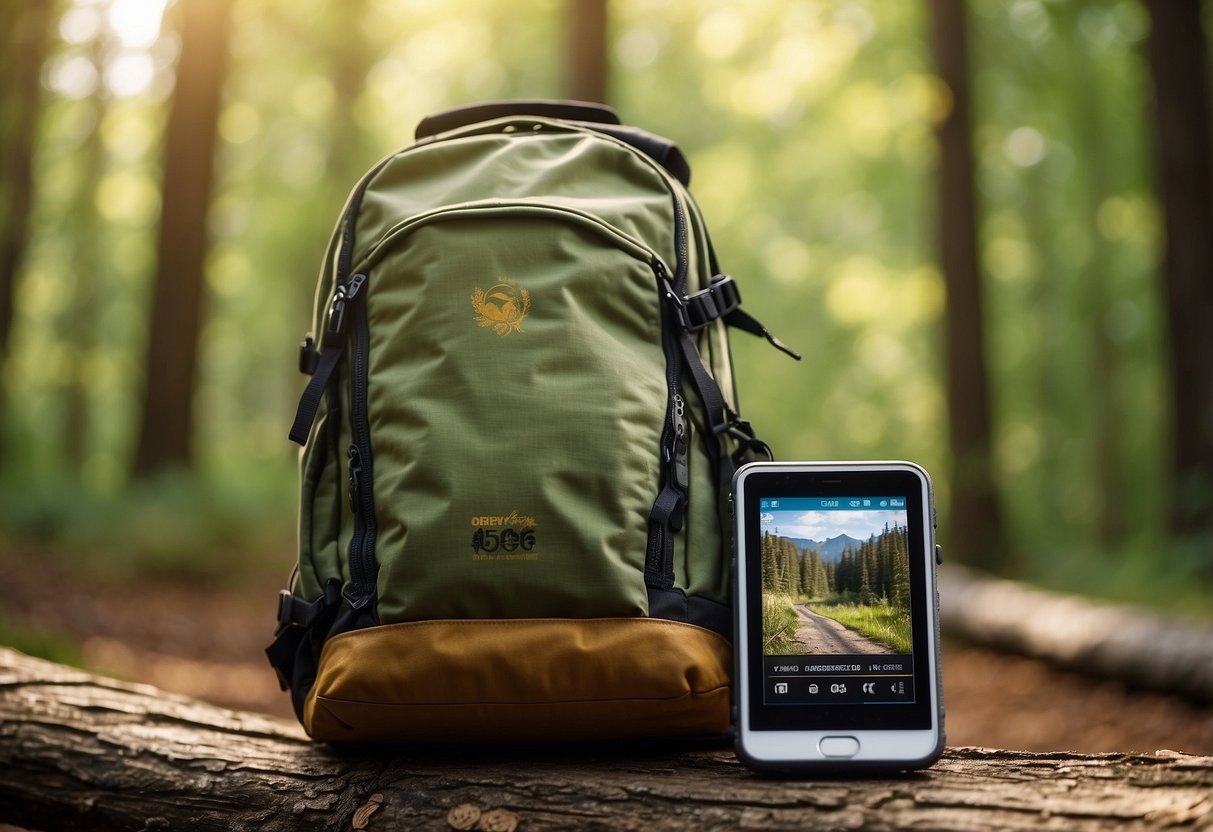 A sunny forest clearing with a backpack and open Stinger Organic Honey Waffle package next to a GPS device and map